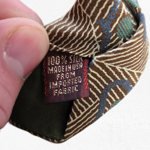 80s Vintage Chaps Ralph Lauren Geometric Brown Blue Made in USA Silk Neck Tie - Picture 4 of 6